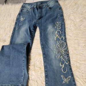 ROMWE Blue Embroidered Flare Jeans